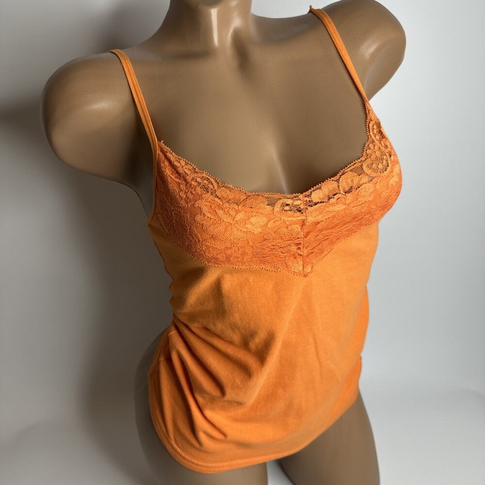 VTG Y2K Orange Floral Lace Cami Tank Top Adjustable Straps McBling Rave XS Small